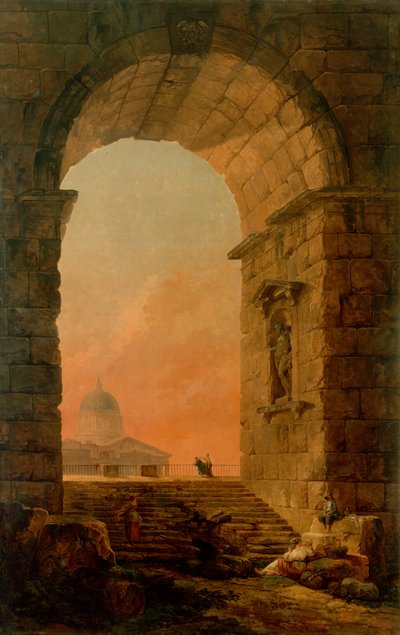 Landschap met een Boog en de Koepel van Sint-Pieter in Rome door Hubert Robert